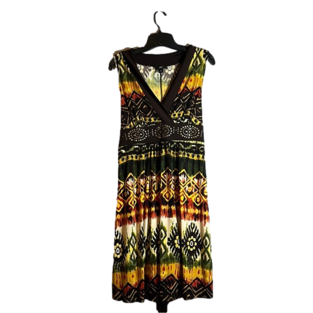 IZ Byer knee length V Neck midi dress with Bold print and metal accents size XL